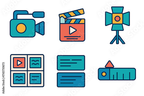 Set of colorful icons representing video production filmmaking equipment and editing tools