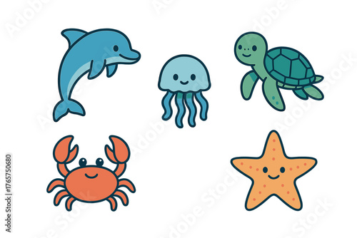 Smiling marine animals collection featuring dolphin jellyfish sea turtle crab sea star