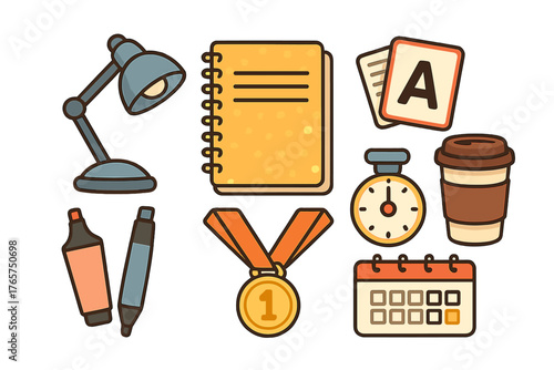 Collection of study and office supplies including a desk lamp notebook coffee cup and gold medal
