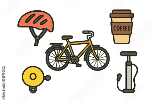 Set of essential cycling gear including commuter bicycle, safety helmet, air pump, and coffee cup
