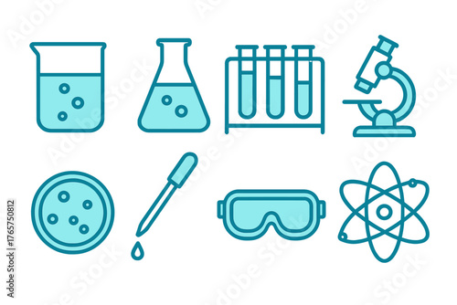 Essential outline icons representing scientific laboratory research equipment and tools