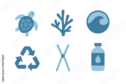 Flat design symbols for marine conservation, ocean life, recycling, and water protection