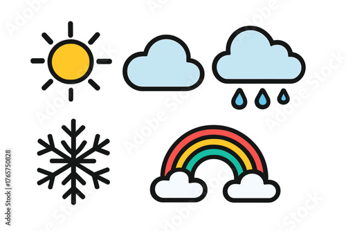 Colorful collection of weather forecast symbols featuring sun, cloud, rain, snow, and rainbow