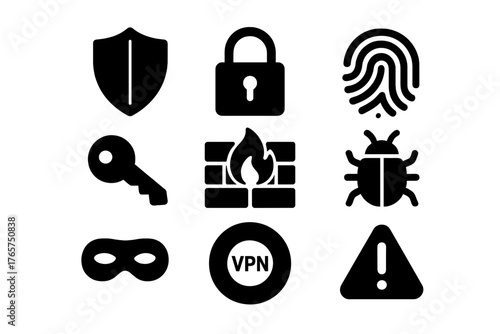 Black security and protection symbols set featuring shield, lock, key, firewall, and fingerprint