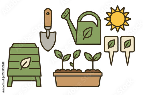 Collection of essential gardening tools and composting elements with sun and young plants