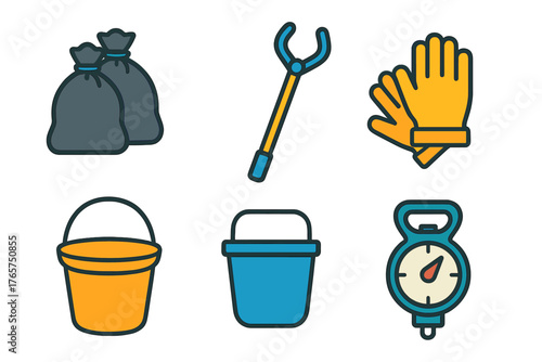 Set of essential equipment icons for cleanup, waste disposal, and general utility tasks