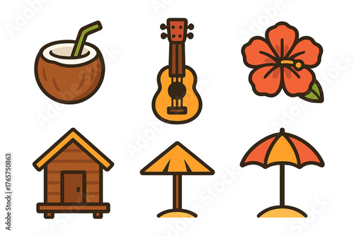 Tropical vacation elements including coconut drink ukulele hibiscus flower beach hut and sun umbrella
