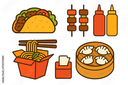 Global street food assortment featuring taco, Chinese noodles, steamed dumplings, and meat skewers