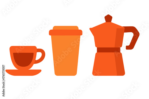 Set of coffee accessories including a traditional cup, reusable travel mug, and Moka pot