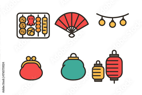 Asian festival elements including street food, folding fan, lanterns, and traditional purses