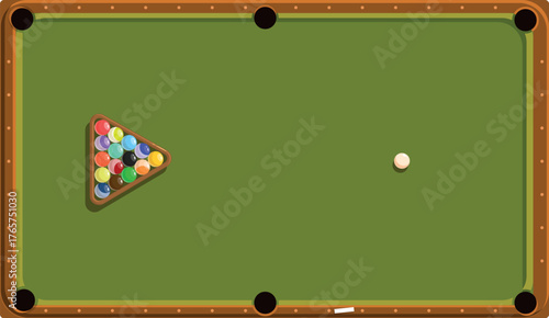 Top view of a billiard table with colorful balls racked and ready for a game