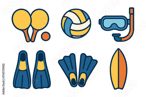 Summer beach and water sports equipment collection: surfboard, volleyball, snorkel, and diving gear