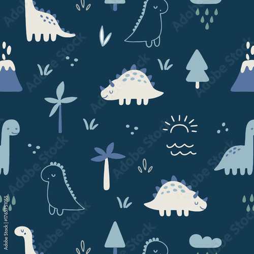 Seamless pattern with dino , volcano, flowers, trees and rainbows. Cute vector illustration for kids.
