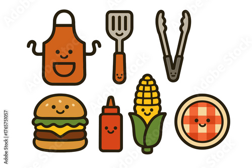 Adorable smiling barbecue and picnic essentials including burger corn spatula and apron