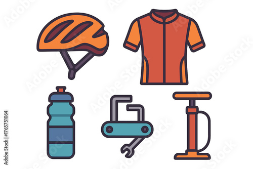 Essential cycling safety and repair gear collection including helmet jersey water bottle and pump