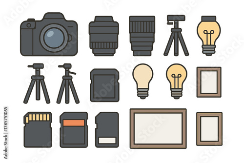 Essential photography gear including camera body, lenses, tripods, memory cards, and light sources
