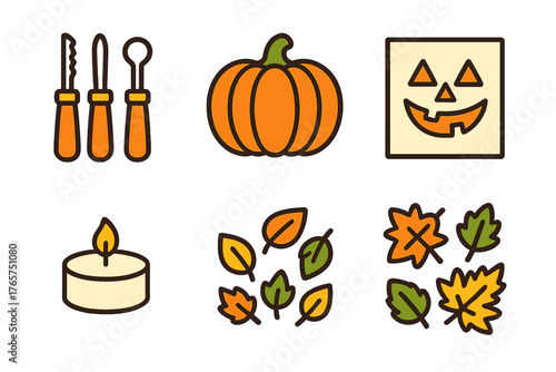 Essential autumn and Halloween symbols including pumpkin, carving kit, lit candle, and various fall leaves