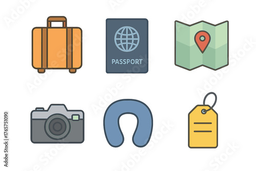 Essential travel and tourism items including luggage, passport, map, and camera