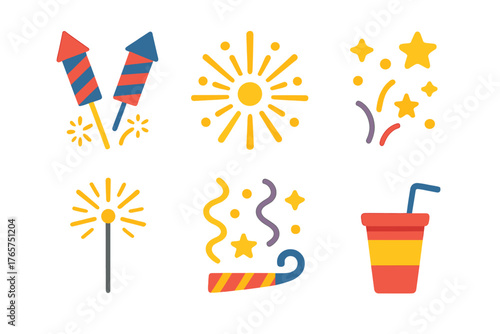Colorful celebration elements including fireworks, sparkler, confetti, party horn, and soda cup