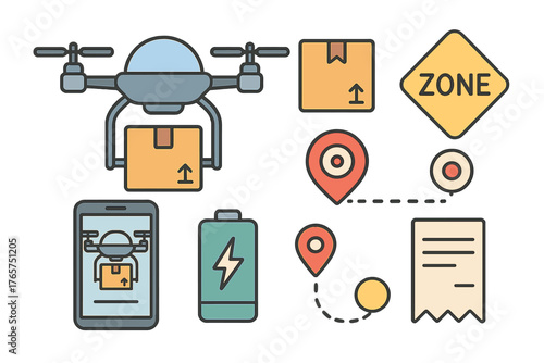 Drone delivery logistics symbols showing quadcopter, GPS tracking, mobile app, and battery status