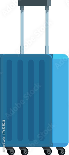 Blue plastic travel luggage with retractible handle standing upright