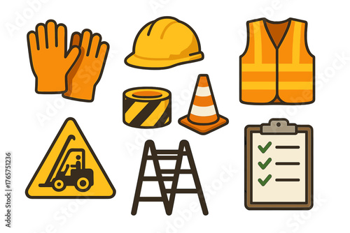 Various essential safety equipment and warning signs used on construction sites