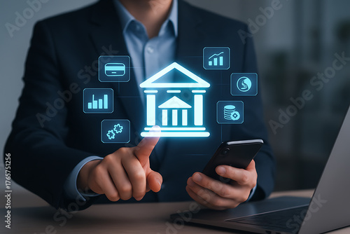 Online banking system with futuristic holographic money financial growth investment and transaction icons for business management