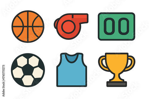 Sports competition equipment set including ball, whistle, scoreboard, jersey, and trophy