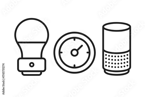 Minimalist outline symbols for smart light bulb, circular gauge, and digital assistant device