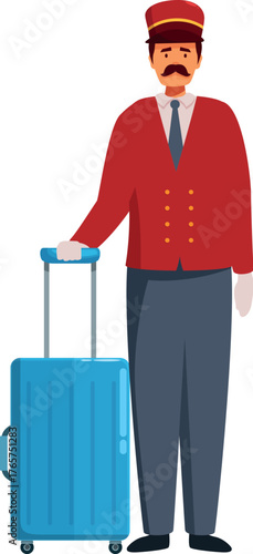 Bellhop wearing uniform holding blue luggage cart, providing assistance with baggage at hotel or airport