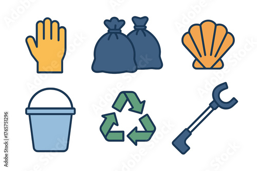 Equipment and symbols for beach cleanup, waste recycling, and environmental conservation