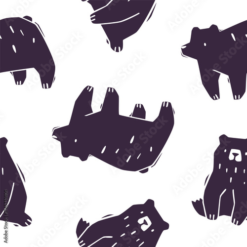 Stamp pattern with bear. Seamless vector print with cutout animal silhouette.