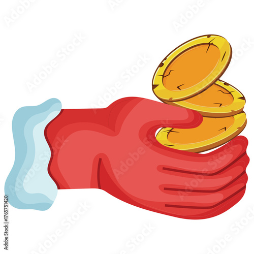 vector icon of Santa Claus' hand holding a handful of gold coins of various shapes in his palm, for business, thematic designs and New Year's themed designs