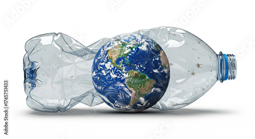 Planet Earth enclosed inside a crumpled plastic bottle, global plastic waste pollution problem for environmental awareness and environmental protection. Isolated on white background