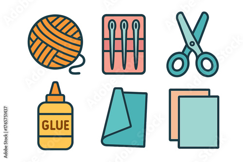 Colorful crafting and sewing supplies featuring yarn, needles, scissors, glue, and paper