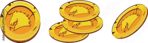 set of gold coins in various shapes with a New Year's design, namely with a horse head design, which is a symbol of 2026, for gaming and thematic designs
