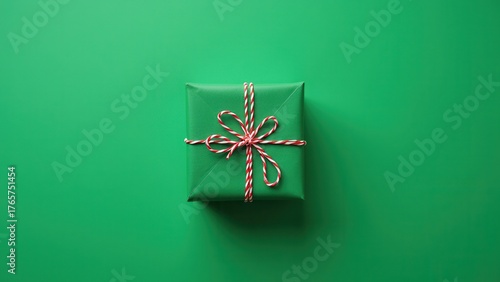 neatly wrapped green gift with red and white twine on solid green background showing festive charm and seasonal greeting composition concept of christmas, holiday, retail industry