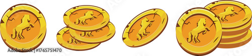 set of gold gaming coins with a design of a jumping horse, which is a symbol of 2026, for gaming and thematic designs