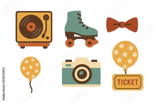 Vintage style collection of retro objects including a turntable, roller skate, camera, bow tie, balloon, and ticket stub
