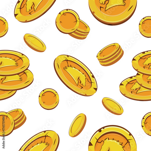 seamless pattern with gold coins in various shapes with a New Year design, namely with a horse head design, which is a symbol of 2026, for game and thematic designs