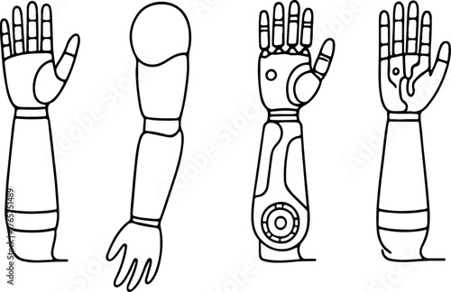 set of icons of various prostheses for hands of people after imputation, for inclusive designs and on the topic of care and mobility