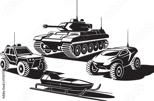 Black and white illustration of a tank snowmobile and two off road vehicles all terrain vehicle
