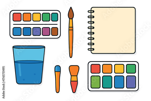 Essential watercolor painting supplies including palettes, brushes, water glass, and sketchbook