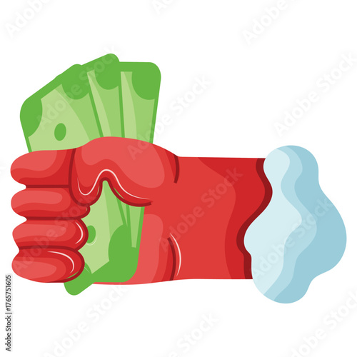 icon of Santa Claus' hand holding a handful of paper green banknotes in his fist, for business, thematic designs and New Year's-themed designs
