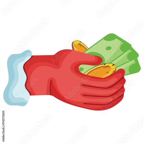icon of Santa Claus' hand holding paper money and gold coins in his palm, for business, thematic designs and New Year's-themed designs