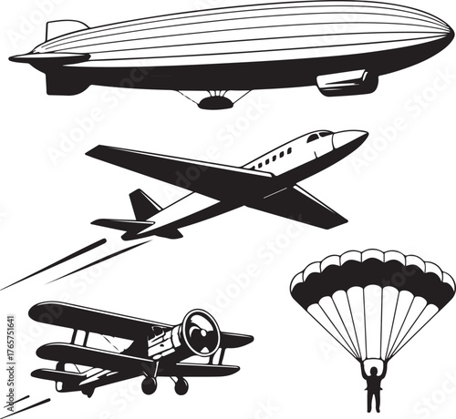 Black and white icons of blimp airplane biplane and parachute dirigible zeppelin