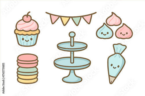 Adorable baking and dessert set with cupcake macarons meringue and party elements