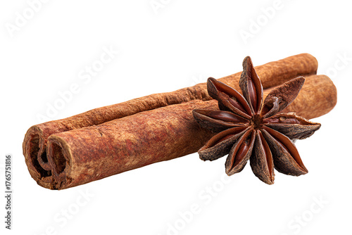 Cinnamon stick and star anise spice isolated on transparent background