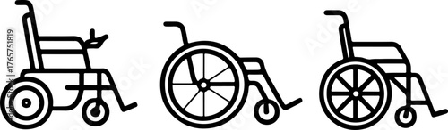 set of icons of various wheelchairs for people's movement, for inclusive designs and on the topic of care and mobility