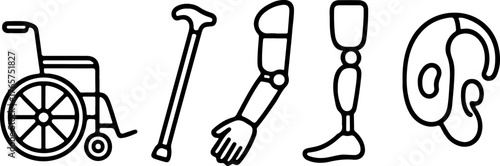 set of icons of various tools for care and mobility of inclusive people, namely prostheses and wheelchairs, for inclusive designs and on the topic of care and mobility